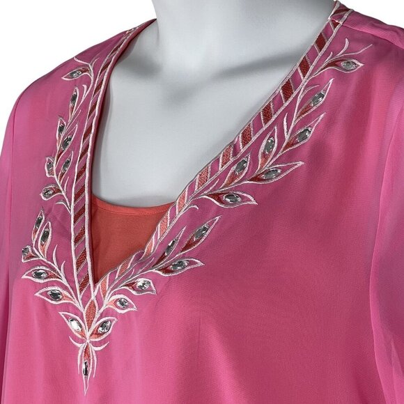 Bob Mackie NWT L Pink Embroidered Chiffon Tunic Embellished Top 3/4 Sleeve Artsy - Picture 5 of 16